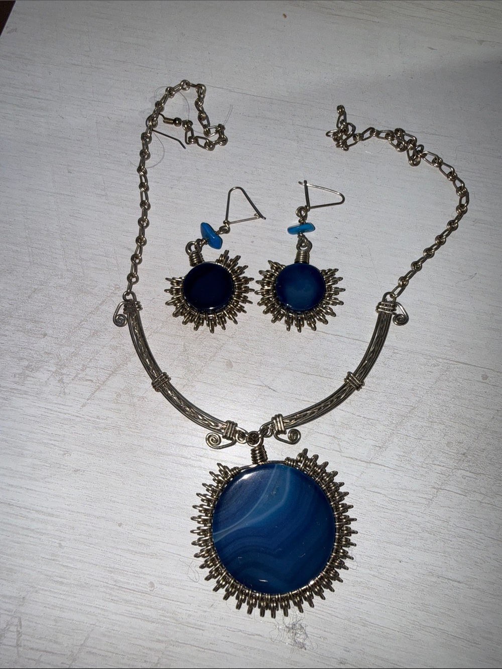 Handcrafted Blue Sunburst Pendant Necklace & Earring Set